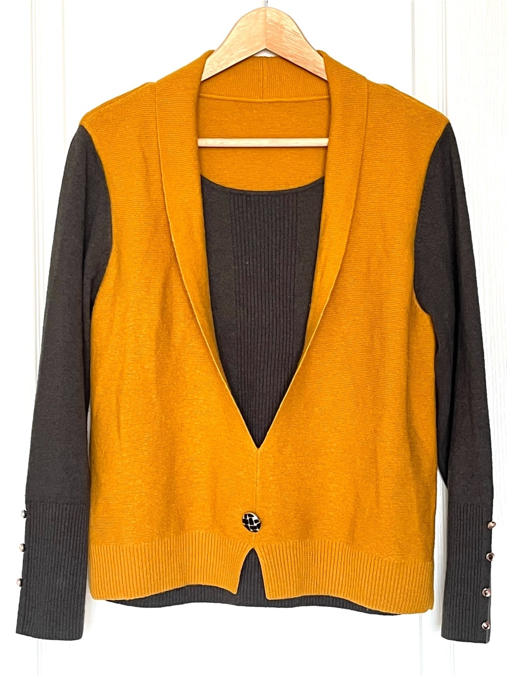 Viviani Collection Luxury Cashmere Wool Knit Sweater Vest Mustard Gray Size M